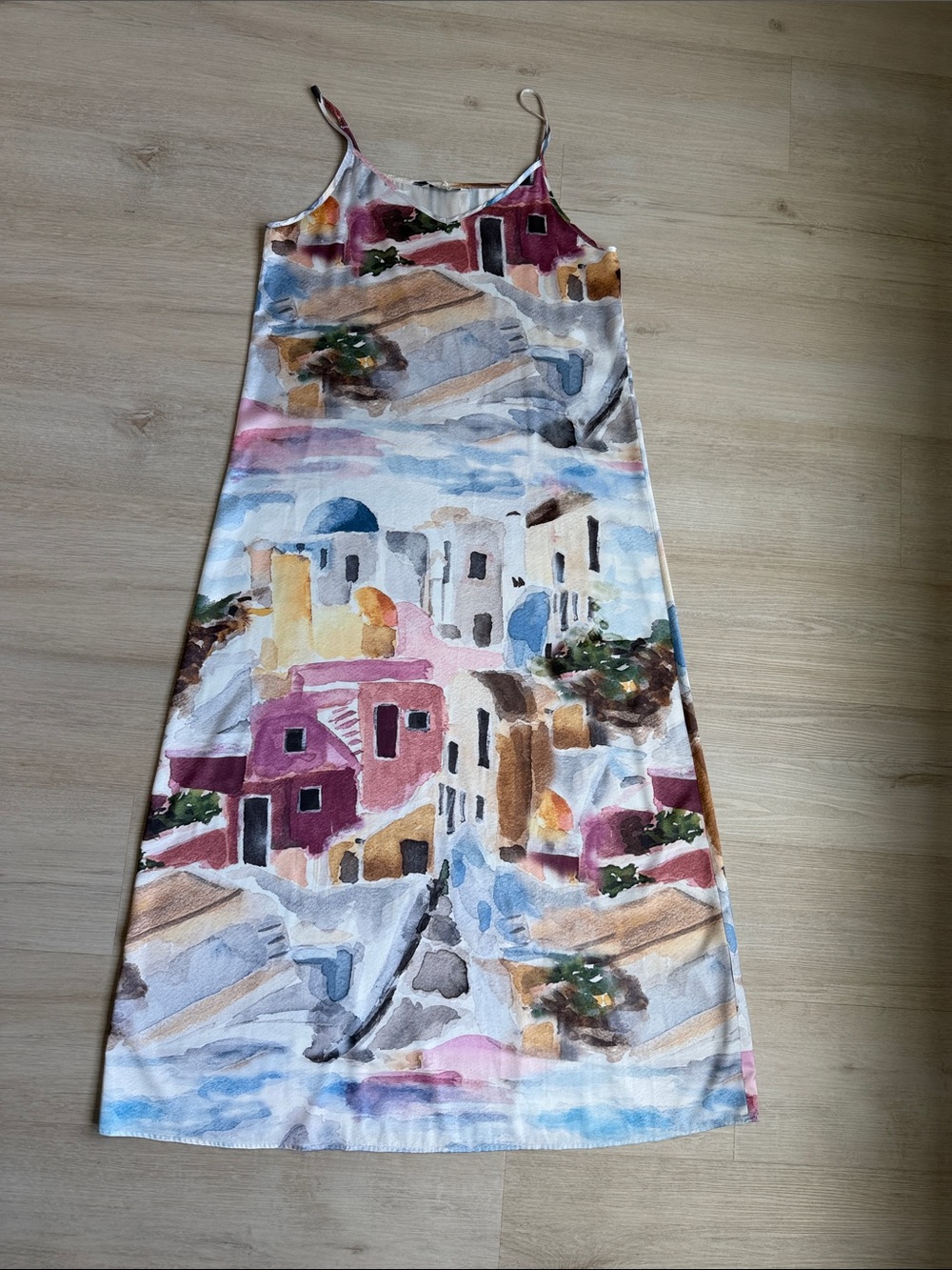 Point Sleeveless Painted Greek Island Maxi Dress in Multicolor